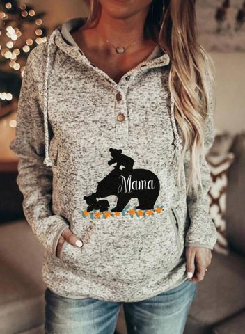 Women's Hoodies Drawstring Button Long Sleeve Mama Bear Print Solid Hoodies With Pockets