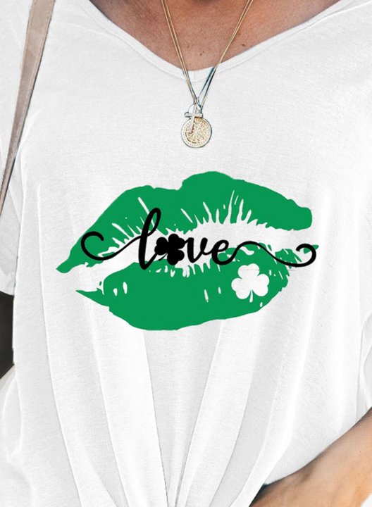 Women's T-shirts Lip Letter Print Short Sleeve V Neck Daily T-shirt