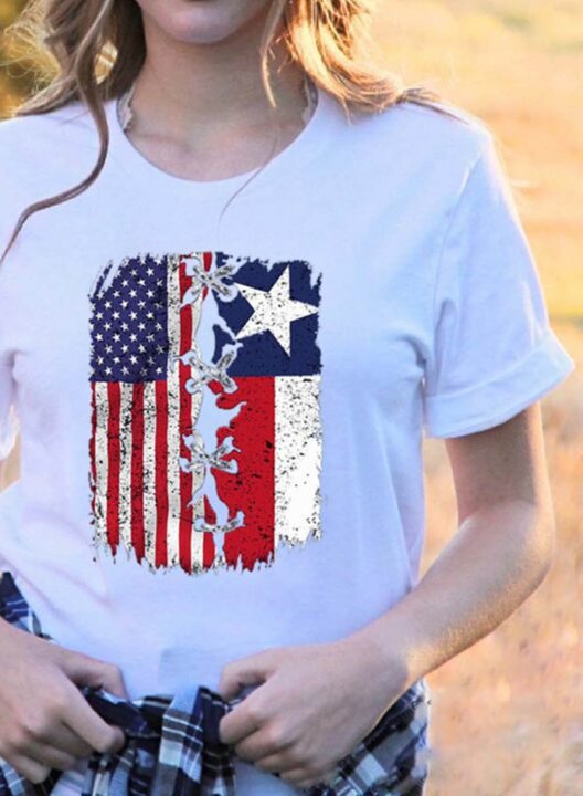 Women's T-shirts Flag Print Short Sleeve Round Neck Daily Texas independence day T-shirt