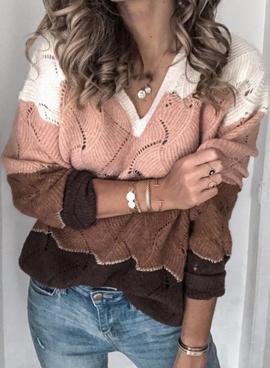 Women's Sweaters Color-block Long Sleeve V Neck Cut-out Sweater