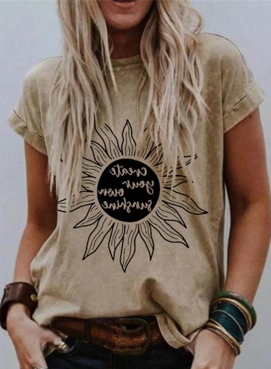 Women's T-shirts Sunflower Letter Print Short Sleeve Round Neck Daily T-shirt