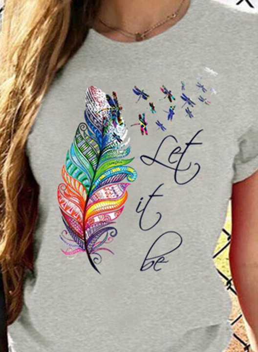 Women's T-shirts Dragonfly Feathers Let It Be Print Color Block Short Sleeve Round Neck Daily T-shirt