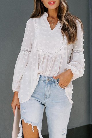 Ruffled Split Neck Lace Hollow Out Puff Sleeve Polka Dot Blouse