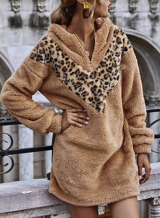 Women's Fuzzy Tunics Leopard Color Block Long Sleeve V Neck Casual Pocket Sweatshirt