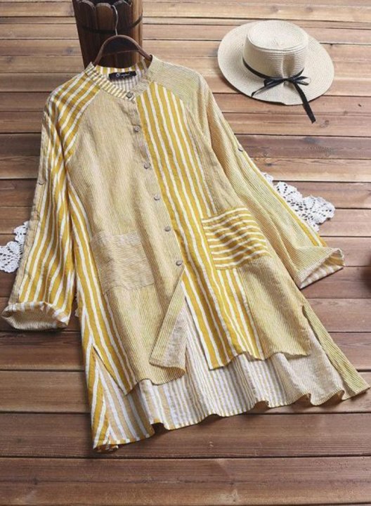 Women's Mini Dresses Striped Long Sleeve Turn Down Collar Fit Flare Mini Dress