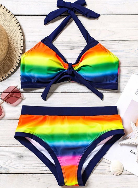 Women's Bikinis Color Block Striped Sleeveless Adjustable Wire-free Halter Padded Knot Vacation Bikini