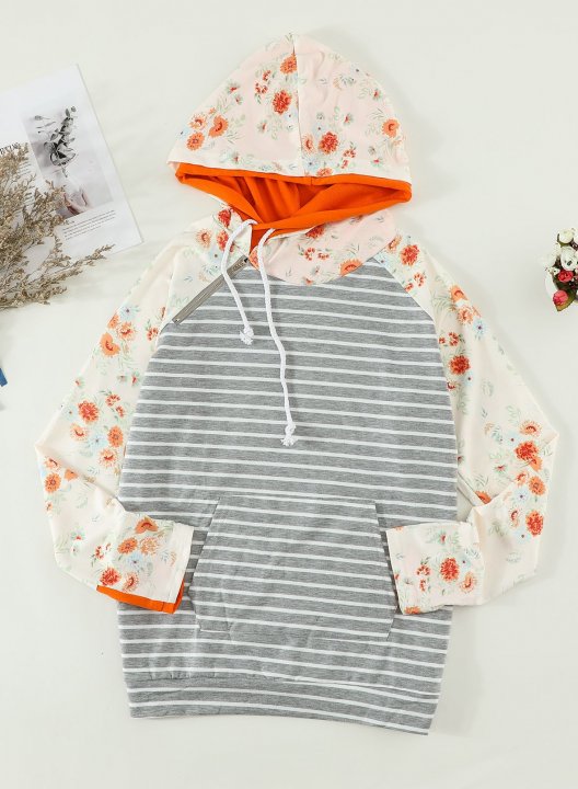 Orange Floral Print Casual Hoodie