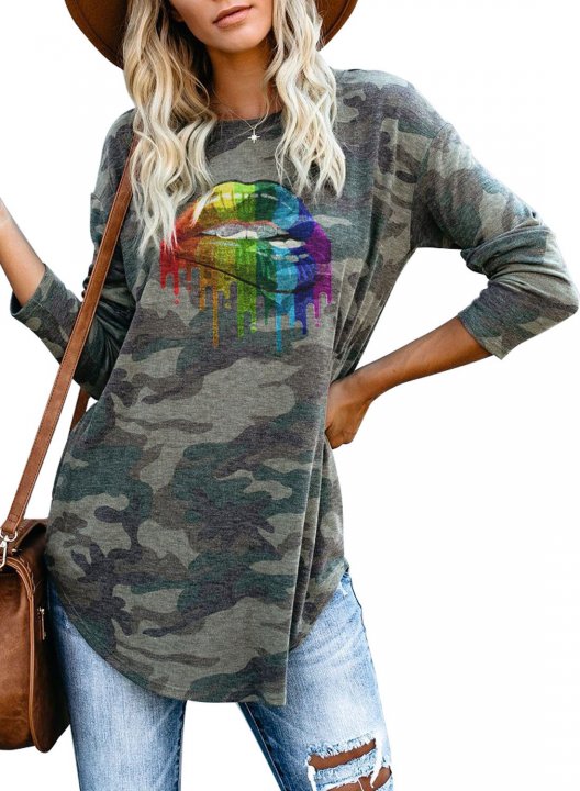 Camouflage Long Sleeve Lip Print Crew Neck Tunic Sweatshirt