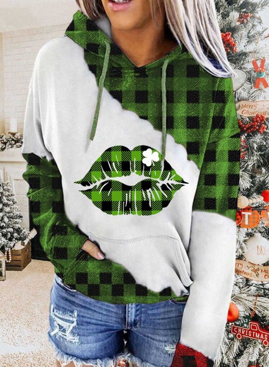 Women's Hoodies Plaid Saint Patrick's Day Lip Color Block Long Sleeve Casual Pocket Drawstring Hoodie