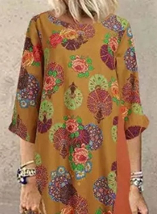 Women's Linen Maxi Dresses Floral Multicolor 3/4 Sleeve Round Neck Boho Vintage Maxi Dress