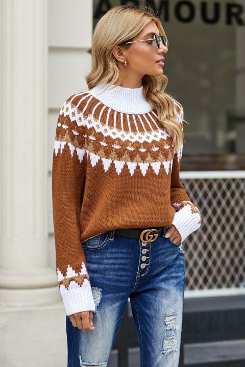 Women's Sweaters High Neck Printed Knit Sweaters