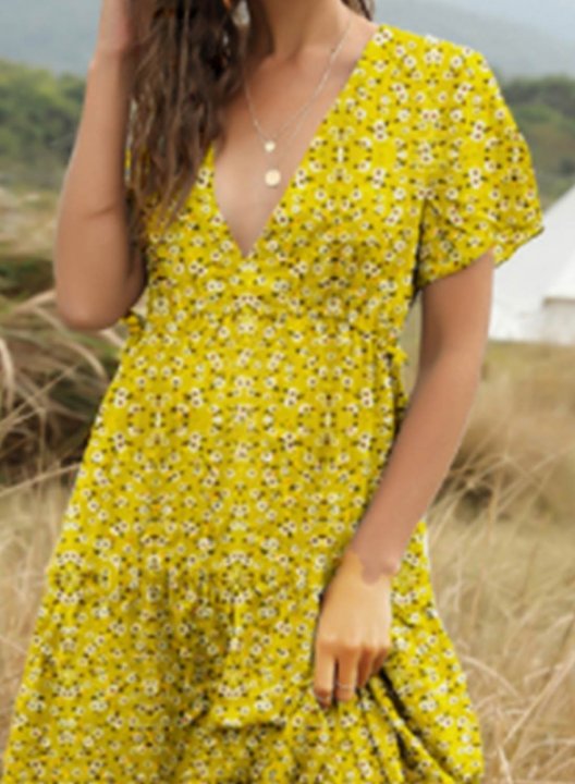 Women's Maxi Dresses Floral Short Sleeve V Neck Vintage Daily Maxi Dress