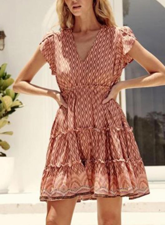 Women's Bohemia Mini Dresses Geometric Tribal Short Sleeve V Neck Boho Vintage Ruffle Mini Dress