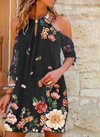 Women's Mini Dress Floral Cold Shoulder Lace Shift Round Neck Half Sleeve Daily Casual Mini Dress