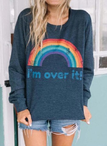 Women's Sweatshirts Round Neck Long Sleeve Solid Rainbow Letter Daily Casual Sweatshirts