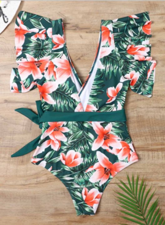 Women's One Piece Swimwear Floral V Neck Short Sleeve Ruffle Knot Casual One-Piece Swimsuits One-Piece Bathing Suits