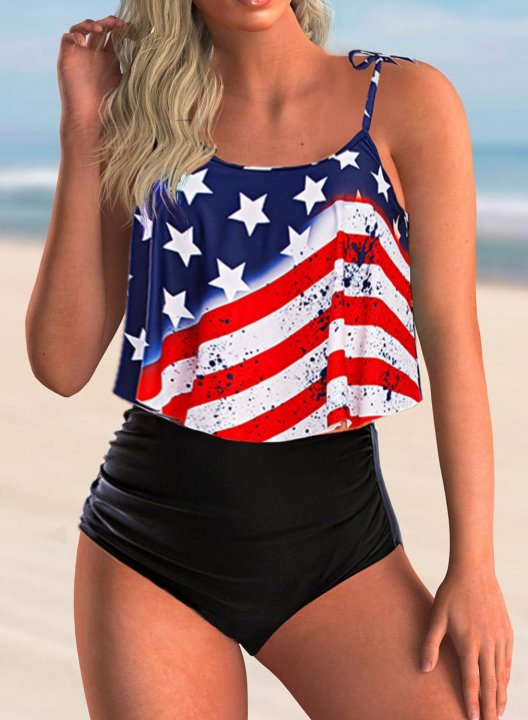 Women's Tankinis American Flag Tie Shoulder Spaghetti Tankinis