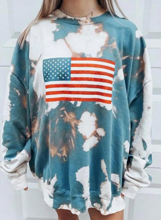 Women's Sweatshirts Tiedye American Flag Print Long Sleeve Round Neck Casual Sweatshirt