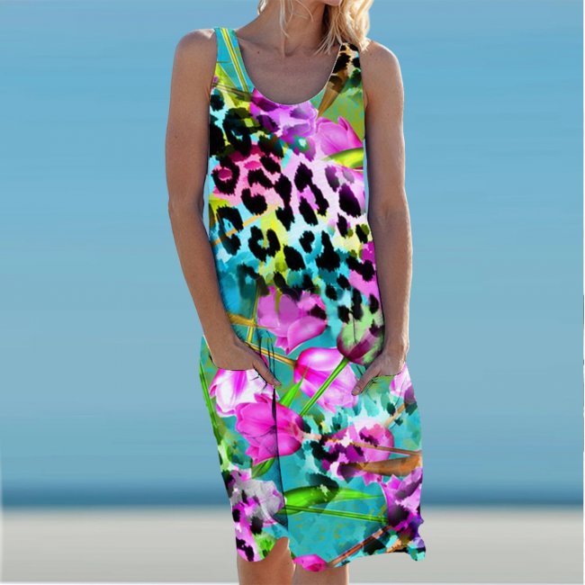 Flower Tulip Leopard Print Holiday Casual Round Neck Sleeveless Dress Vest