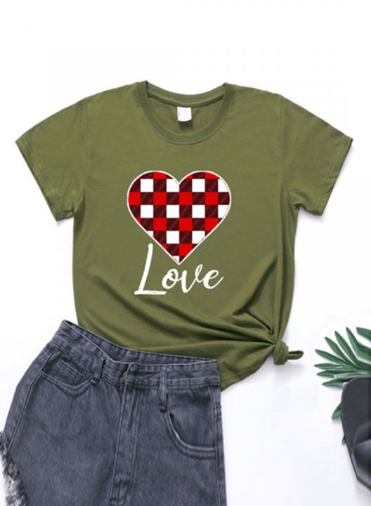 Women's T-shirts Plaid Heart Print Color Block Short Sleeve Round Neck Daily T-shirt