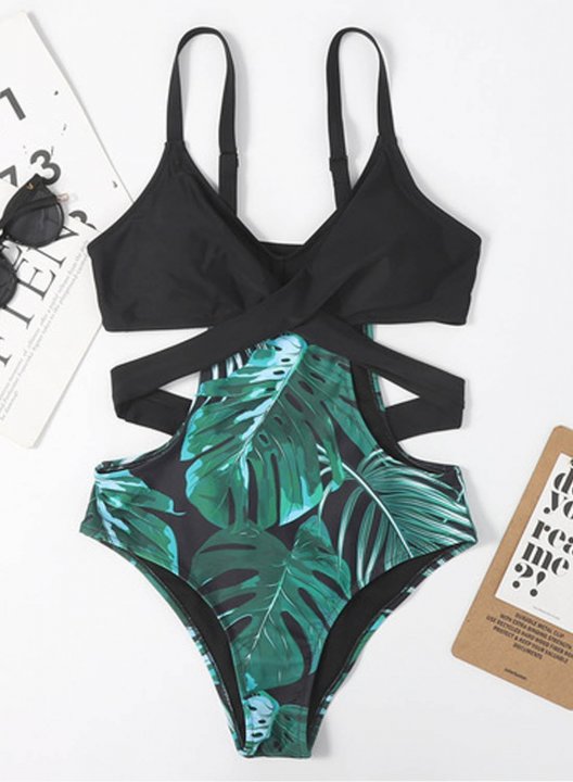 Women's One Piece Swimwear Floral Color Block V Neck One-Piece Swimsuits One-Piece Bathing Suits