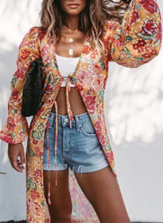 Women's Sun-proof Cover-ups Floral V Neck Long Sleeve Open Front Vacation Knot Boho Beach Casual Cover-ups