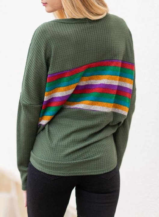 Women's Pullovers Rainbow Striped Long Sleeve V Neck Casual Button Knot Pullover