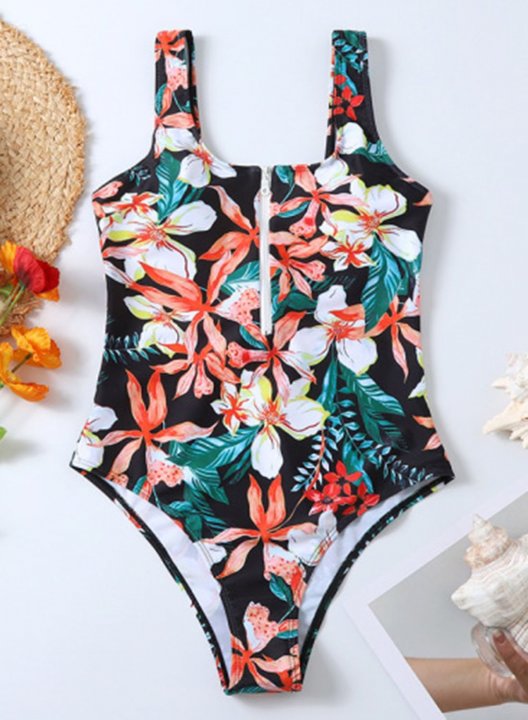 Women's One Piece Swimwear Floral U Neck One-Piece Swimsuit