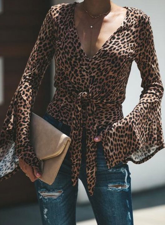 Women's Blouse Leopard V Neck Long Sleeve Knot Daily Casual Blouse