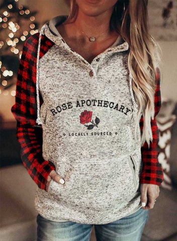 Women's Rose Apothecary Hoodies Plaid Letter Rose Long Sleeve Casual Pocket Hoodie
