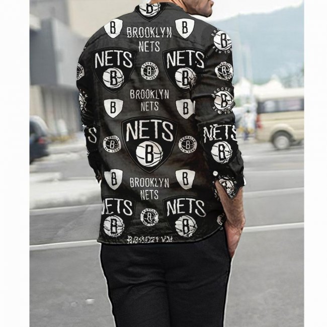 Men's Stand Collar Team Print Long Sleeve Loose Shirt