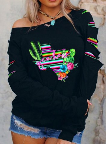 Women's Pullovers Floral Fruits Plants Letter Tribal Long Sleeve Cut-out Cold-shoulder Pullover
