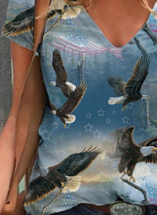 Women's T-shirts Eagle Print Color Block Short Sleeve V Neck Daily T-shirt