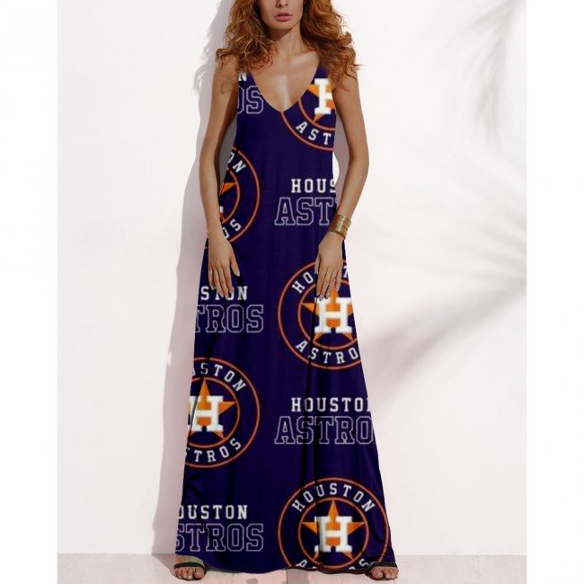 Women's Summer HOUSTON ASTROS Fan Print V-neck Sleeveless Loose Long A-line Dress