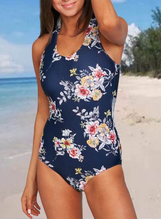 Women's One-Piece Swimsuits One-Piece Bathing Suits Floral Striped Halter Belt Casual Swimsuits