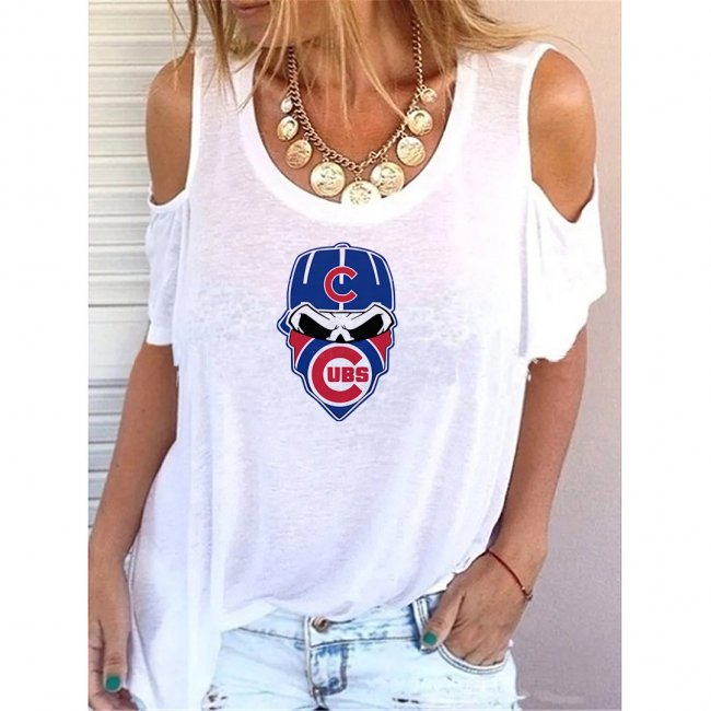 Round Neck Chicago Cubs Print Off-shoulder Short-sleeved Loose T-shirt