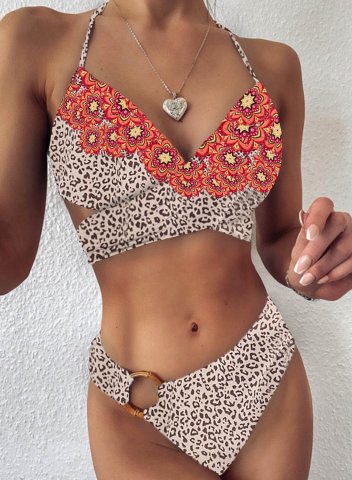 Women's Bikinis Floral Leopard Padded Mid Waist Spaghetti Sleeveless Adjustable Wire-free Beach Bikinis