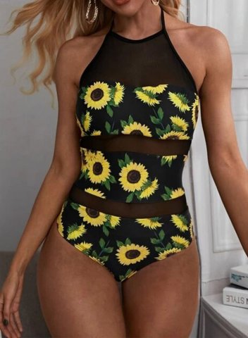 Women's Swim Suits Floral Sheer Halter Spaghetti Summer One-Piece Swimsuits One-Piece Bathing Suitss