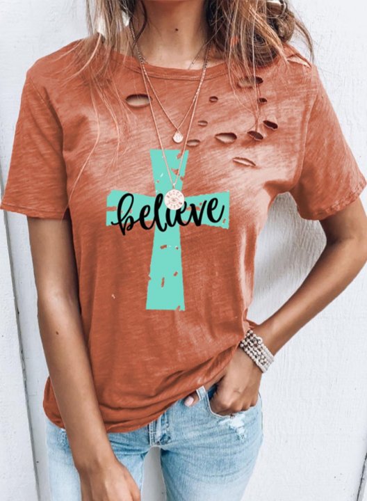 Women's T-shirts Solid Letter Cut-out Round Neck Short Sleeve Casual Daily Summer T-shirts