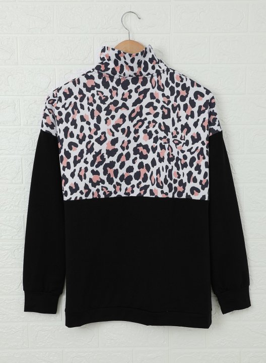 Color Block Leopard Long Sleeve Stand Neck Half Zip Sweatshirt