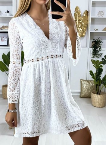 Women's Mini Dress Solid Floral Lace Fit & Flare Long Sleeve V Neck Summer Daily Mini Dress