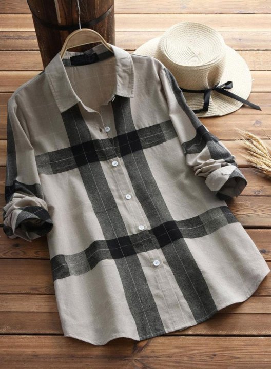 Women's Shirts Plaid Long Sleeve Turn Down Collar Office Vintage Shirt