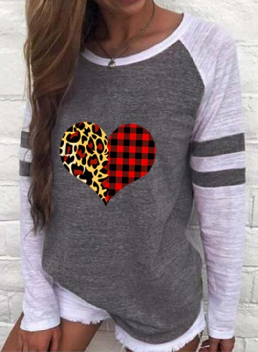 Women's T-shirts Striped Leopard Color Block Heart-shaped Print Long Sleeve Round Neck Daily T-shirt