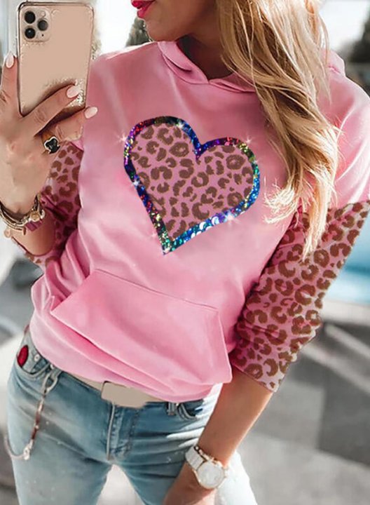 Women's Heart Print Hoodies Leopard Color Block Long Sleeve Daily Date Pocket Sequin Hoodie