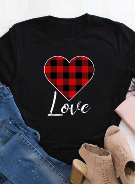 Women's Leopard Plaid Heart T-shirts Short Sleeve Round Neck Casual T-shirt