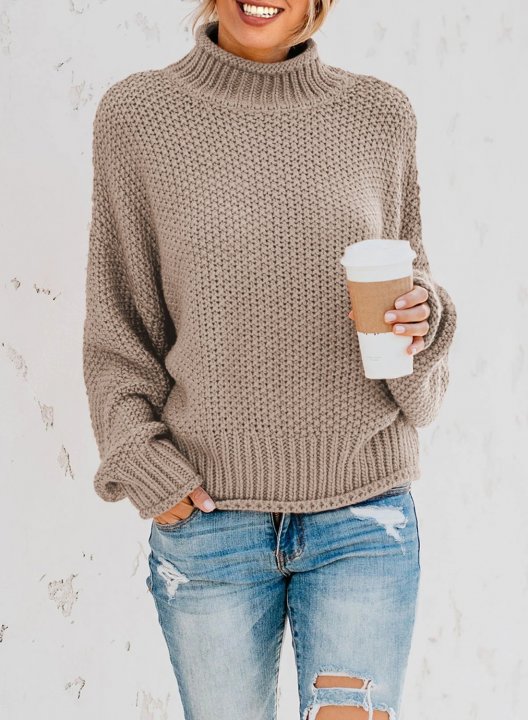 Women's Sweaters High Collar Solid Color Knit Pullover Sweaters