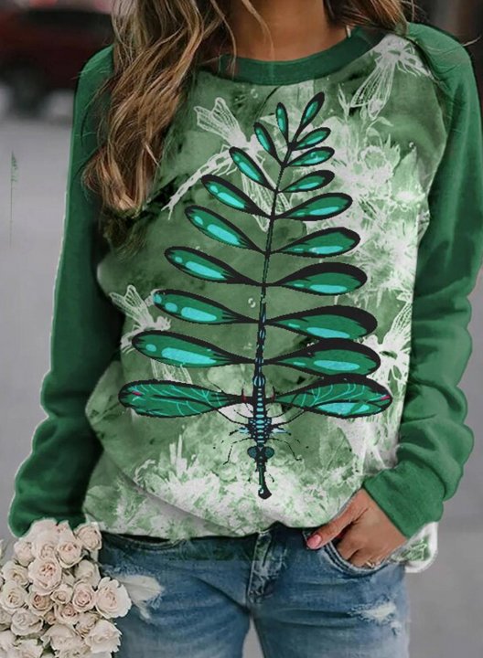 Women's Sweatshirts Christmas Color-block Tie-dye Dragonfly Christmas Tree Print Long Sleeve Round Neck Sweatshirt