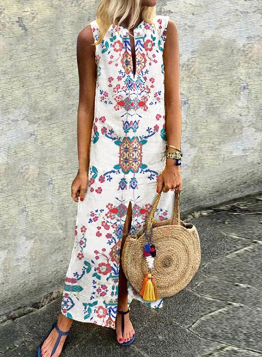 Women's Maxi Dresses Floral Sleeveless Crew Neck A-line Split Boho Maxi Dress