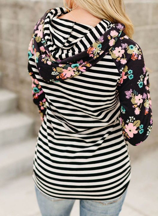 Floral-Print Paneled Striped Pocket Hoodie