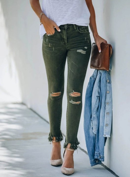 Women's Jeans Slim Solid Mid Waist Daily Cropped Casual Pocket Ripped Jeans